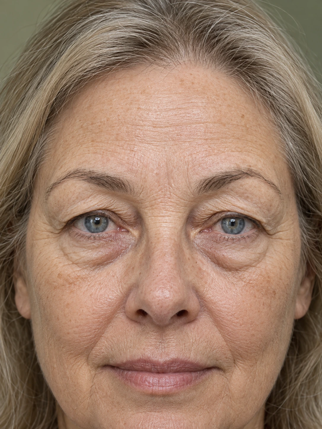 Blefaroplastia — retrato ilustrativo de mulher com olhos claros, excesso de pele nas pálpebras e bolsas abaixo dos olhos.