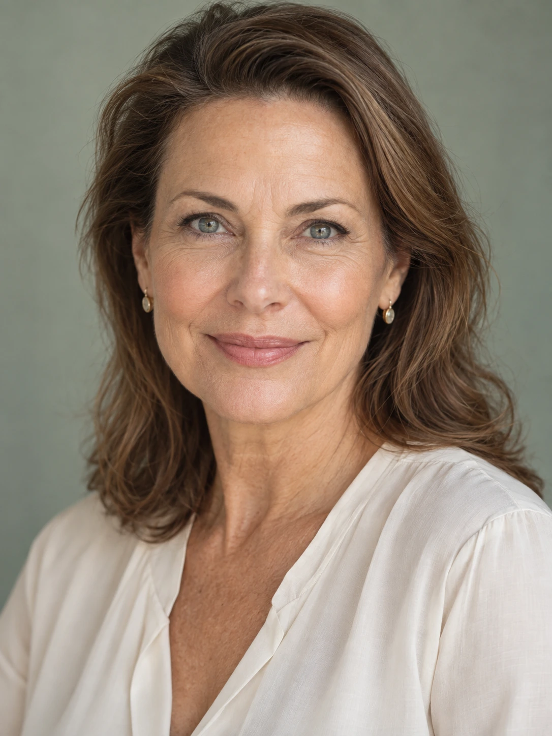 Elevação de supercílios — retrato ilustrativo de mulher madura com olhos claros e expressão acolhedora.