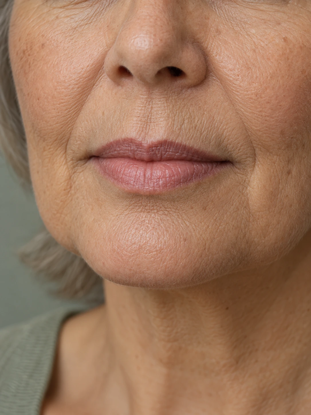 Lip lift — close ilustrativo dos lábios de uma mulher madura, com lábio superior fino e maior distância até a base do nariz.