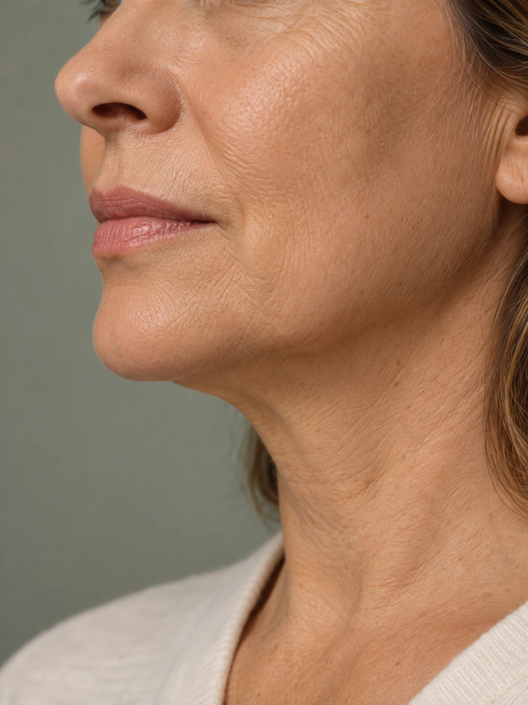 Mentoplastia — close ilustrativo do mento e do contorno da mandíbula de uma mulher madura.