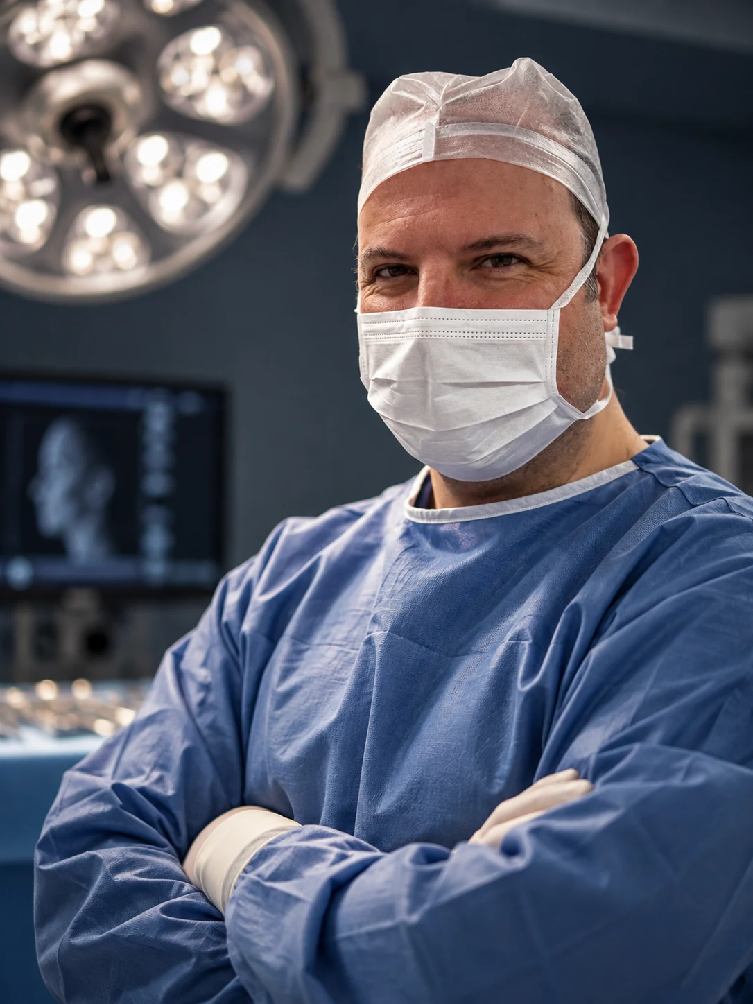 Cirurgia — Dr. Walter Zamarian Jr. de roupa cirúrgica, touca e máscara