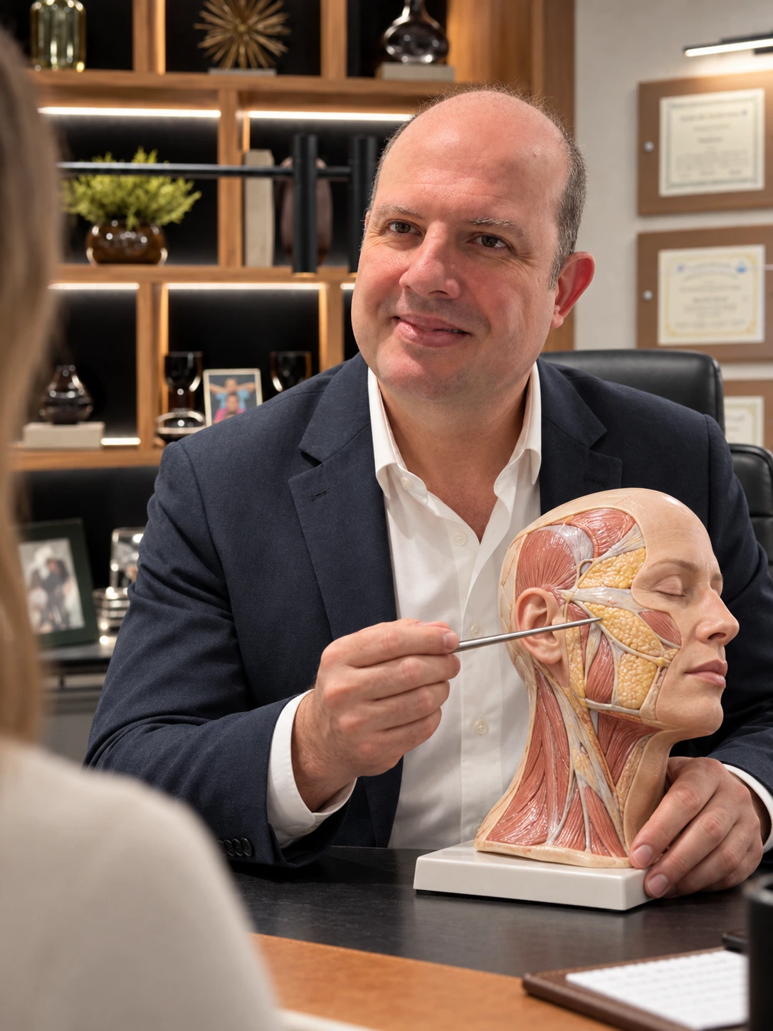 Deep plane × SMAS — representação de Dr. Walter Zamarian Jr. explicando a anatomia facial em um modelo.