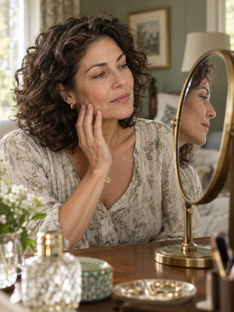 Mulher observa o rosto no espelho ao considerar lifting facial ou preenchimento