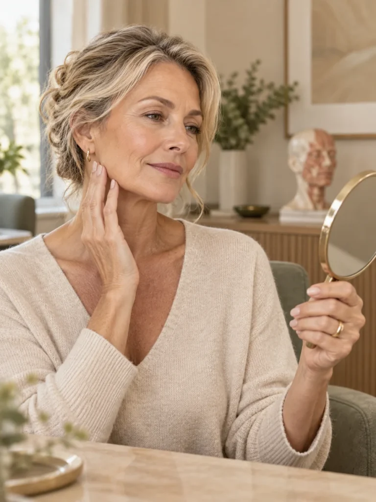 Como é feito o lifting facial: mulher observa o rosto durante o planejamento — imagem ilustrativa