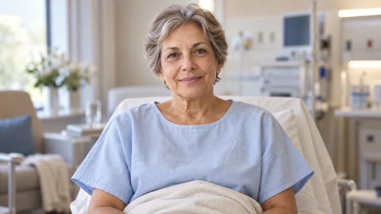 Anestesia no lifting facial — mulher em ambiente hospitalar ilustrativo; gerada por IA