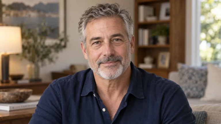 Blefaroplastia masculina — retrato ilustrativo de homem maduro com expressão natural; gerada por IA